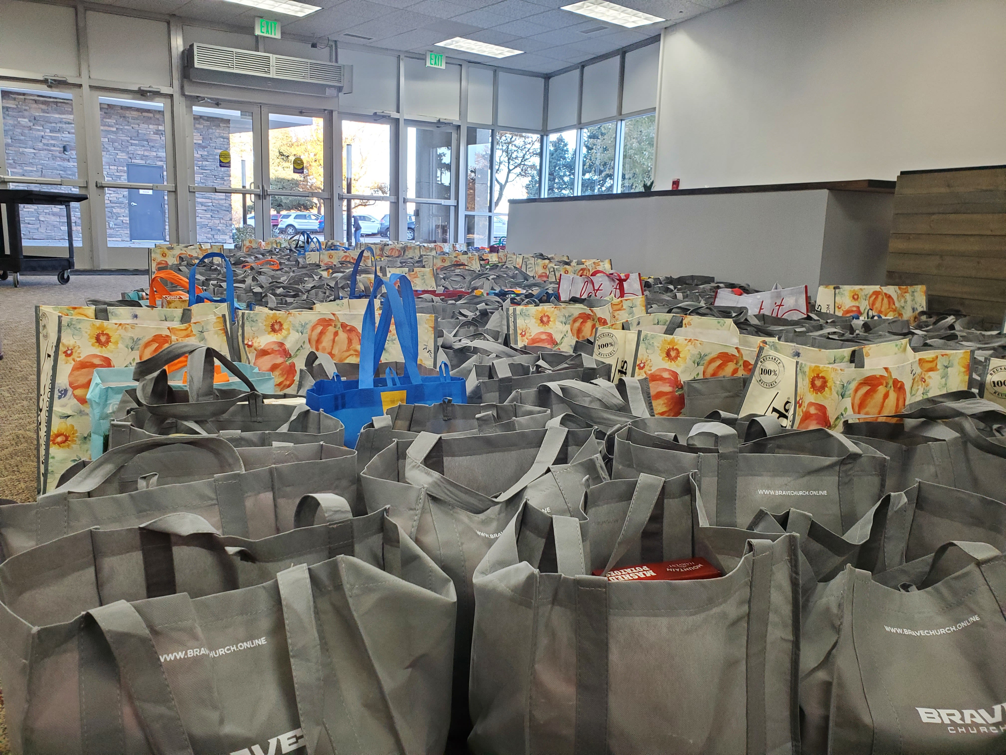image of bags of food during the Thanksgiving food drive