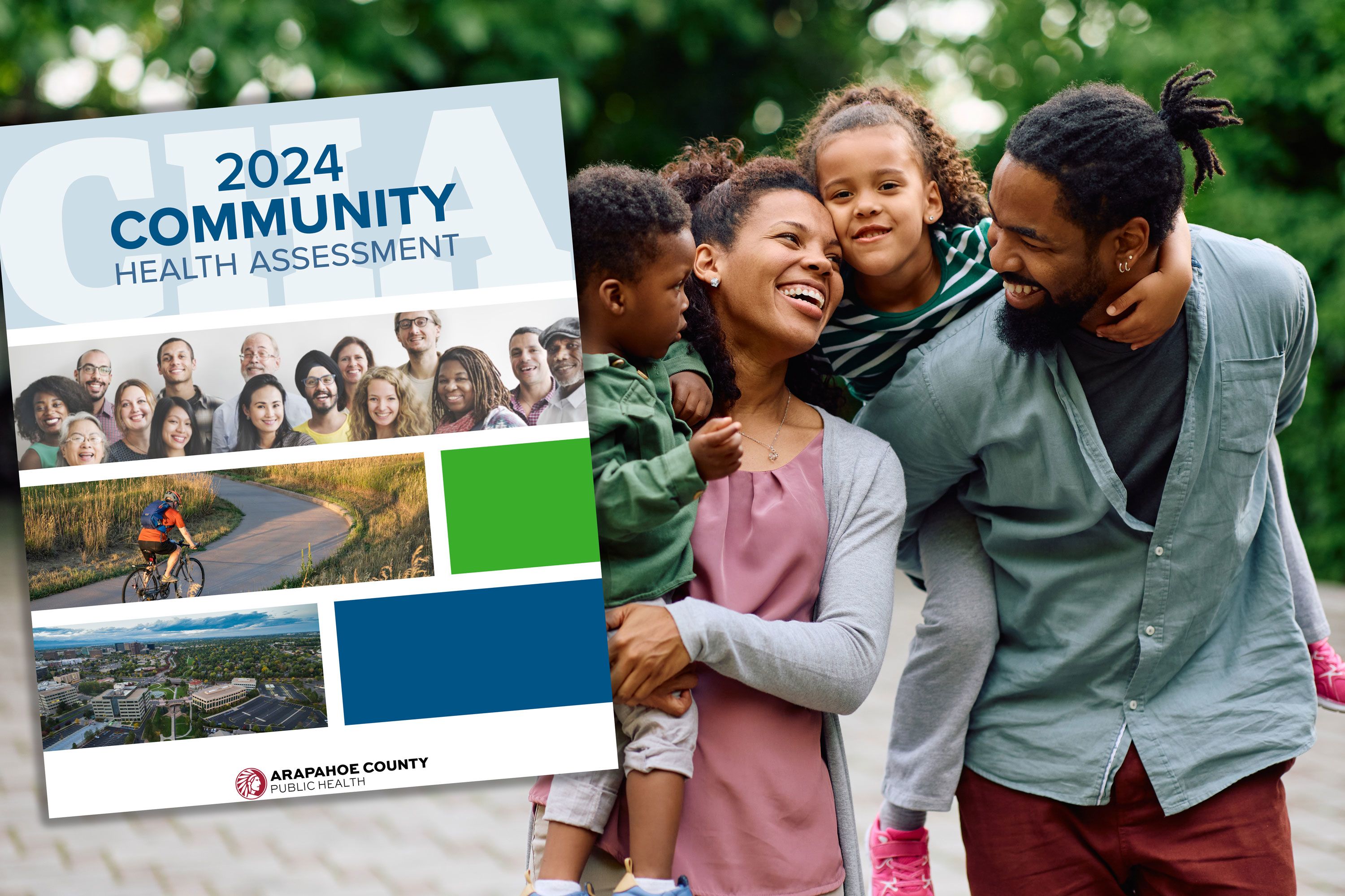 image of a happy family with a graphic of the community health assessment cover